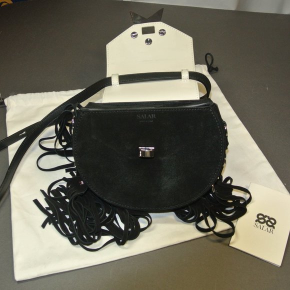 SALAR MILANO MIMI STAR FRINGE BAG, BLACK SUEDE WHITE CALFSKIN Rare COLOR COMBO - Picture 6 of 14